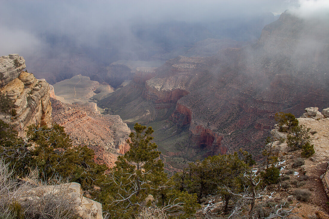 Winter snow squall over the canyon in Grand Canyon National Park, Arizona.