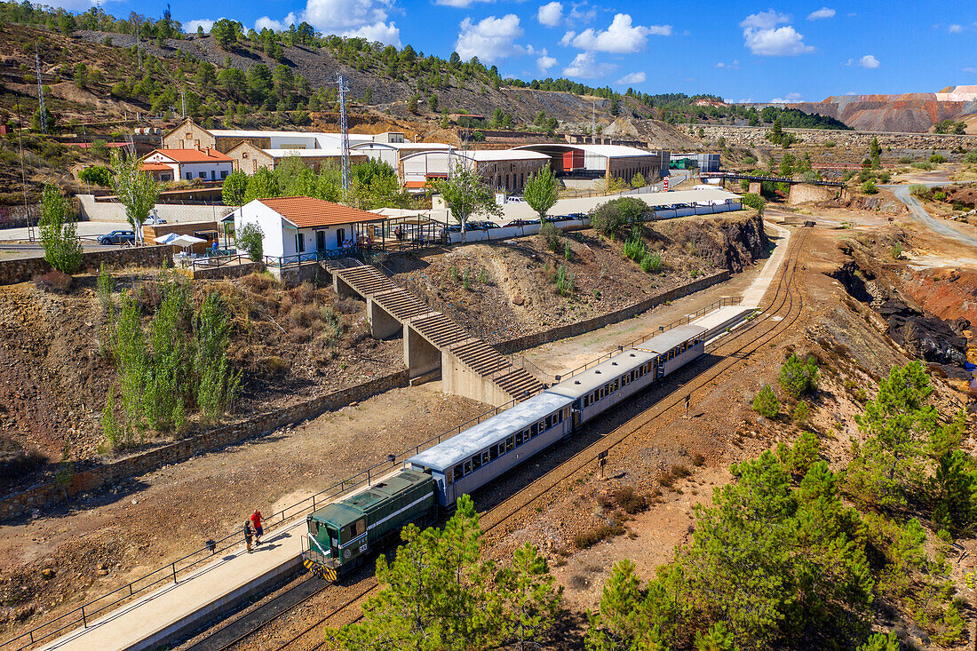 Old touristic train used for tourist trip through the Rio Tinto mining area, Huelva province, Spain.