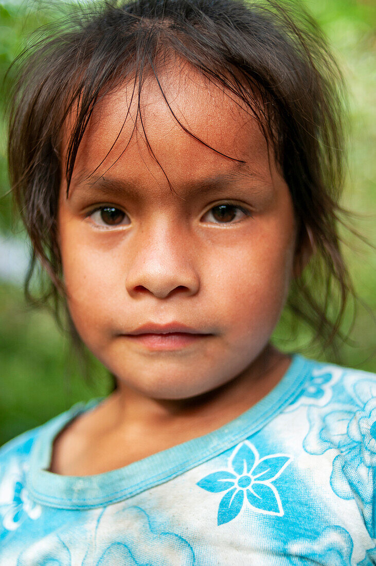 Indigene Kinder posieren auf einem Einbaum und in einem Baum in einem kleinen Dorf am Rio El Tigre im Amazonas-Regenwald, Loreto, Peru