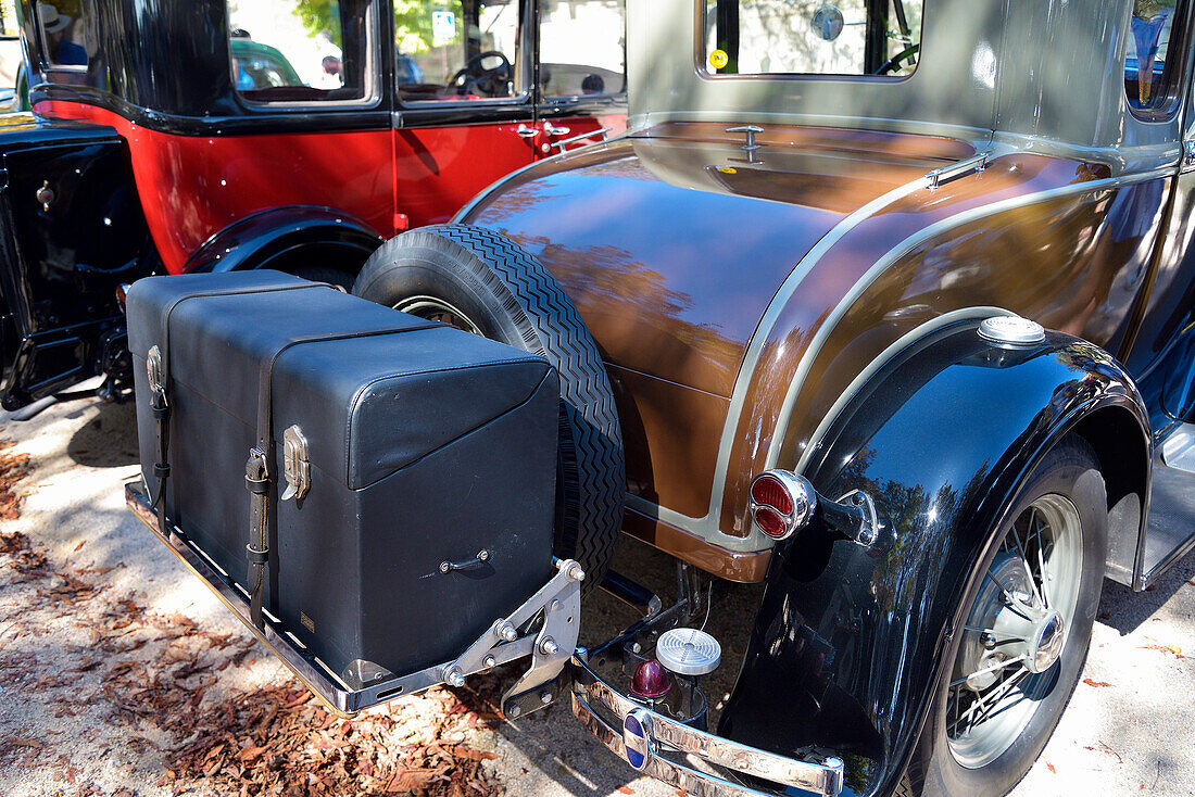 Back of a Ford classic car in a car festival in San Lorenzo de El Escorial, Madrid.