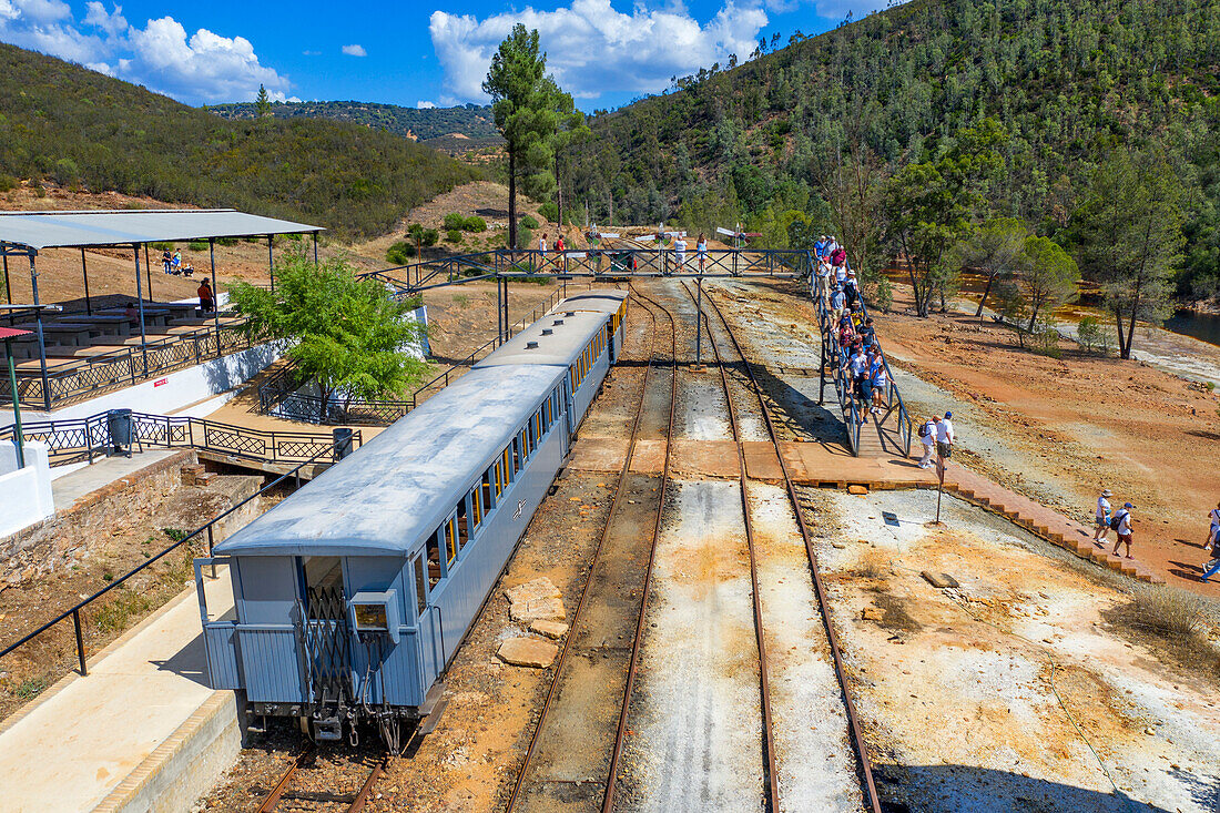 Old touristic train used for tourist trip through the Rio Tinto mining area, Huelva province, Spain.