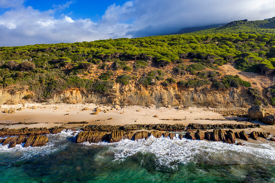 Aerial view of piscinas naturales de Bolonia natural pools, Bolonia, Costa de la Luz, Cadiz Province, Andalusia, southern Spain. Bolonia beach. Playa de Bolonia.