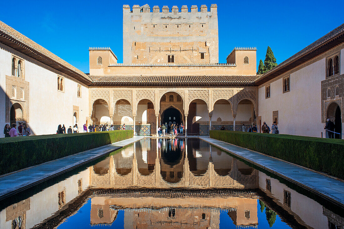 Court of the Myrtles or Nasrid Palaces or Patio de los Arrayanes of Alhambra Palace and Generalife, Spain.