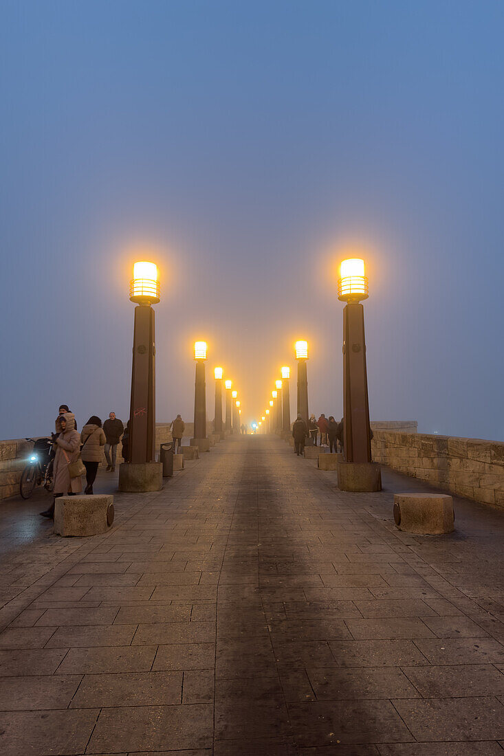 Foggy winter cityscape as temperatures go down in Zaragoza, Spain