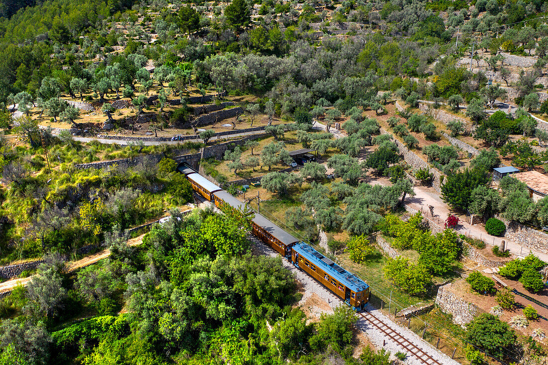 Aerial view near Soller village. Landscape of tren de Soller train vintage historic train that connects Palma de Mallorca to Soller, Majorca, Balearic Islands, Spain, Mediterranean, Europe.