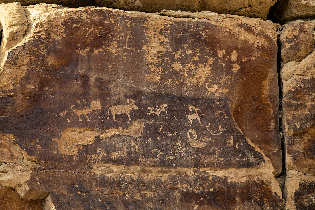 A pre-Hispanic Native American petroglyph rock art panel in Nine Mile Canyon in Utah.