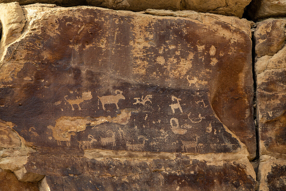 Eine Tafel mit Felszeichnungen der prähispanischen Ureinwohner Amerikas im Nine Mile Canyon in Utah