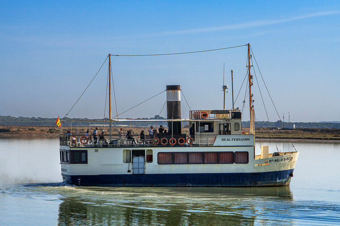 Ferry boat on the Guadalquivir river from Parque Nacional Coto de Donana, Coto Donana, to Sanlúcar de Barrameda Huelva province, Region of Andalusia, Spain, Europe