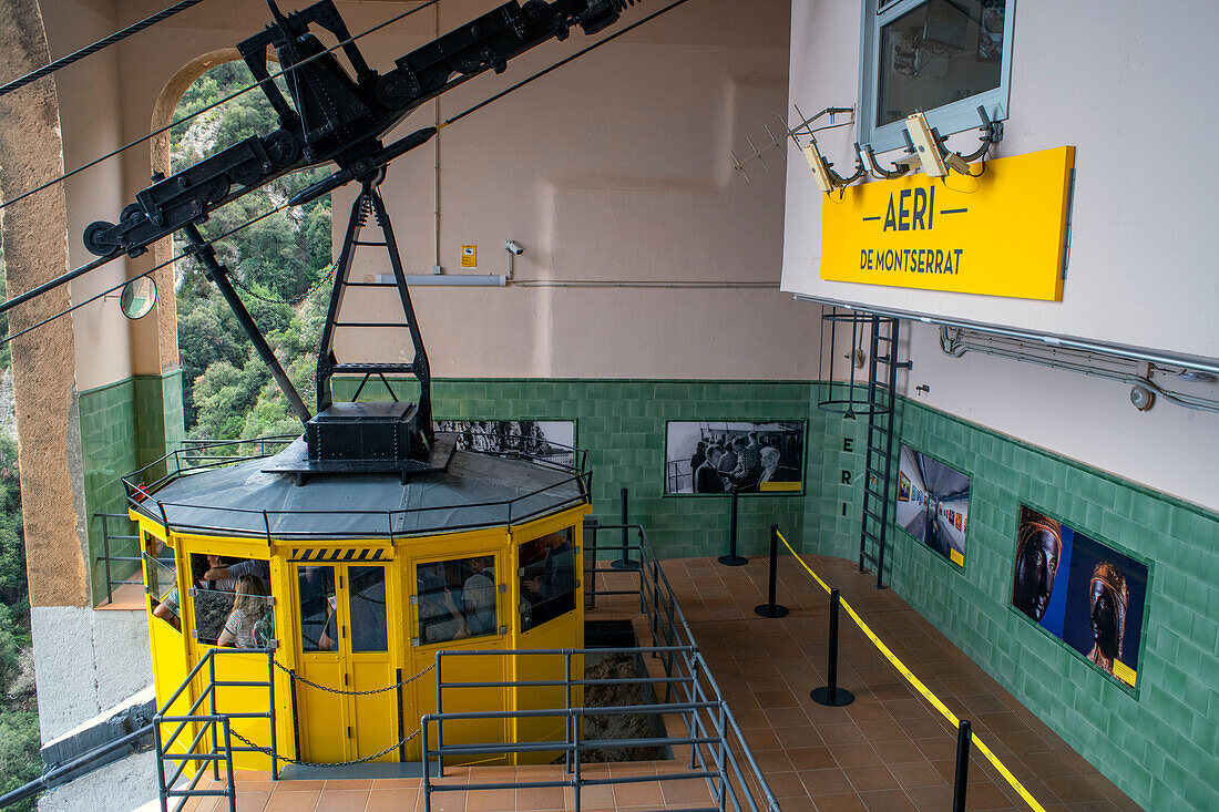The yellow cabin on the Aeri de Montserrat, a cable car that takes visitors up to the Santa Maria monastery, in Barcelona, Catalonia, Spain