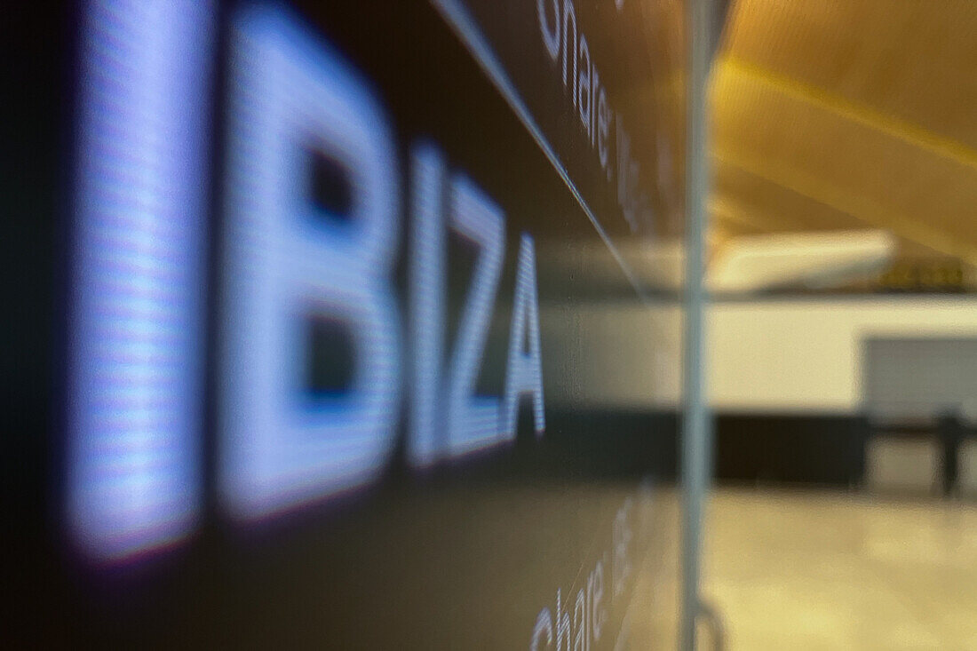 Departure information boards in Madrid Airport, Spain