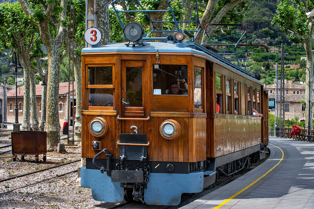 Soller train station in Soller village. Tren de Soller train vintage historic train that connects Palma de Mallorca to Soller, Majorca, Balearic Islands, Spain, Mediterranean, Europe.