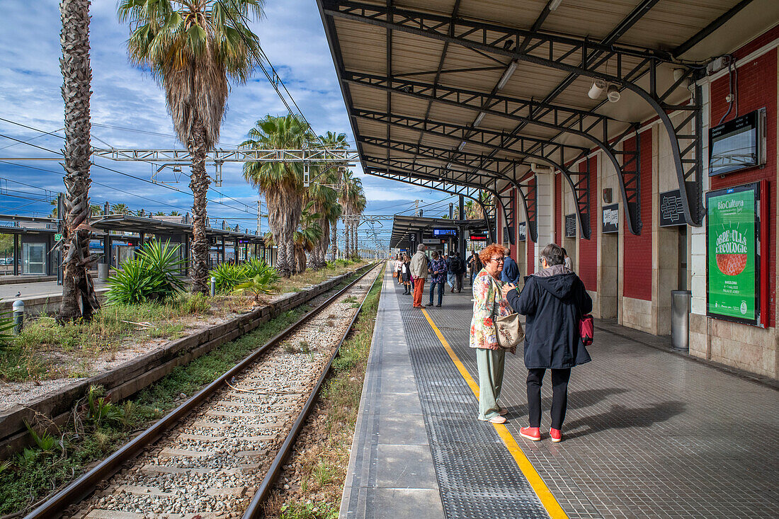 Platform Station Train Rodalies Mataró, Maresme Coast, 2023, Barcelona, Spain.