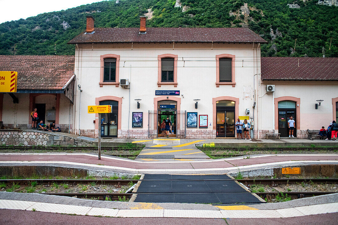Vilafranca de Conflent train station. The Yellow Train or Train Jaune, Pyrénées-Orientales, Languedoc-Roussillon, France.