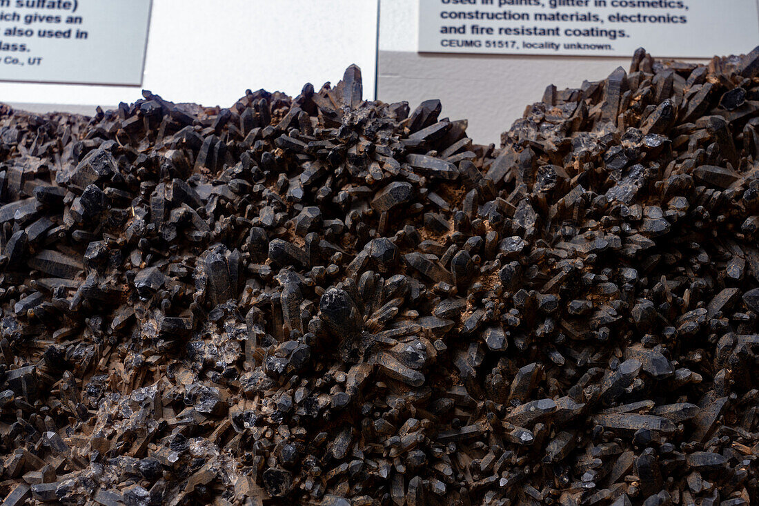 Rauchquarzkristalle, Siliziumdioxid, in der Mineraliensammlung des USU Eastern Prehistoric Museum, Price, Utah