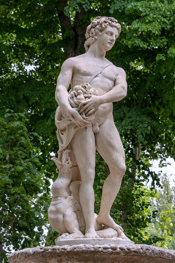 Vertumnos-Brunnen. Inselgarten in den Spanischen Königlichen Gärten, Der Parterre-Garten, Aranjuez, Spanien