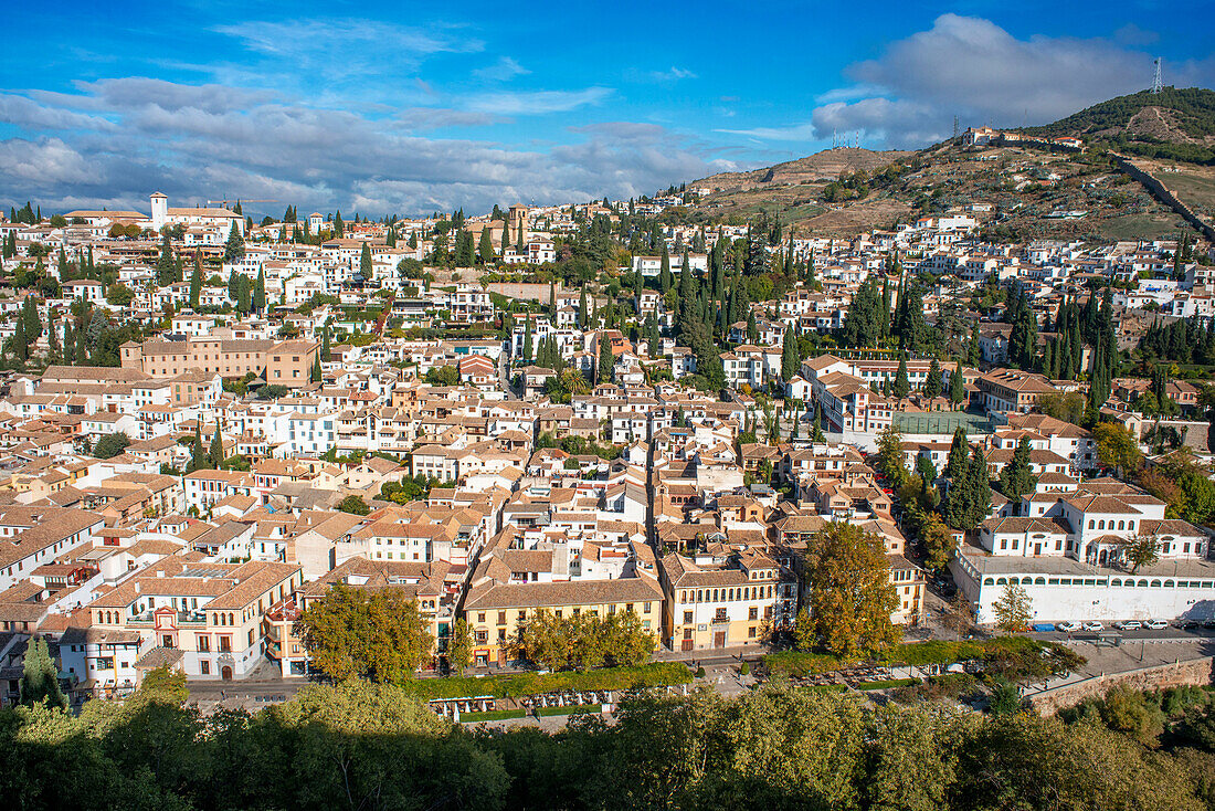 The vista on Sacromonte and Albaicin districts of Granada from the windows of Alhambra fortress and Generalife, Spain