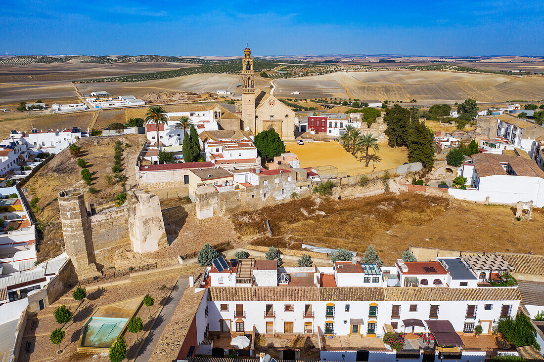 Aerial view of Marchena old town in Seville province Andalusia South of Spain. Iglesia de Santa María de la Mota.