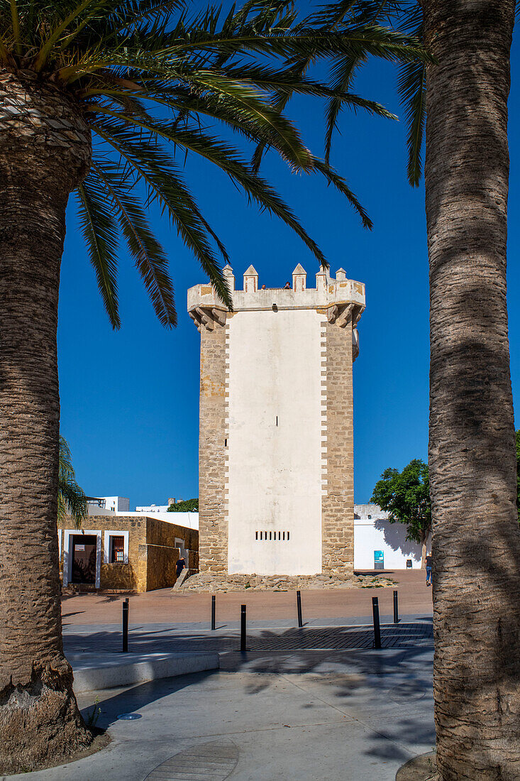 The ancient Torre de Guzman in the old town of Conil de la Frontera, Costa de la Luz, Cadiz Province, Andalusia, Spain.