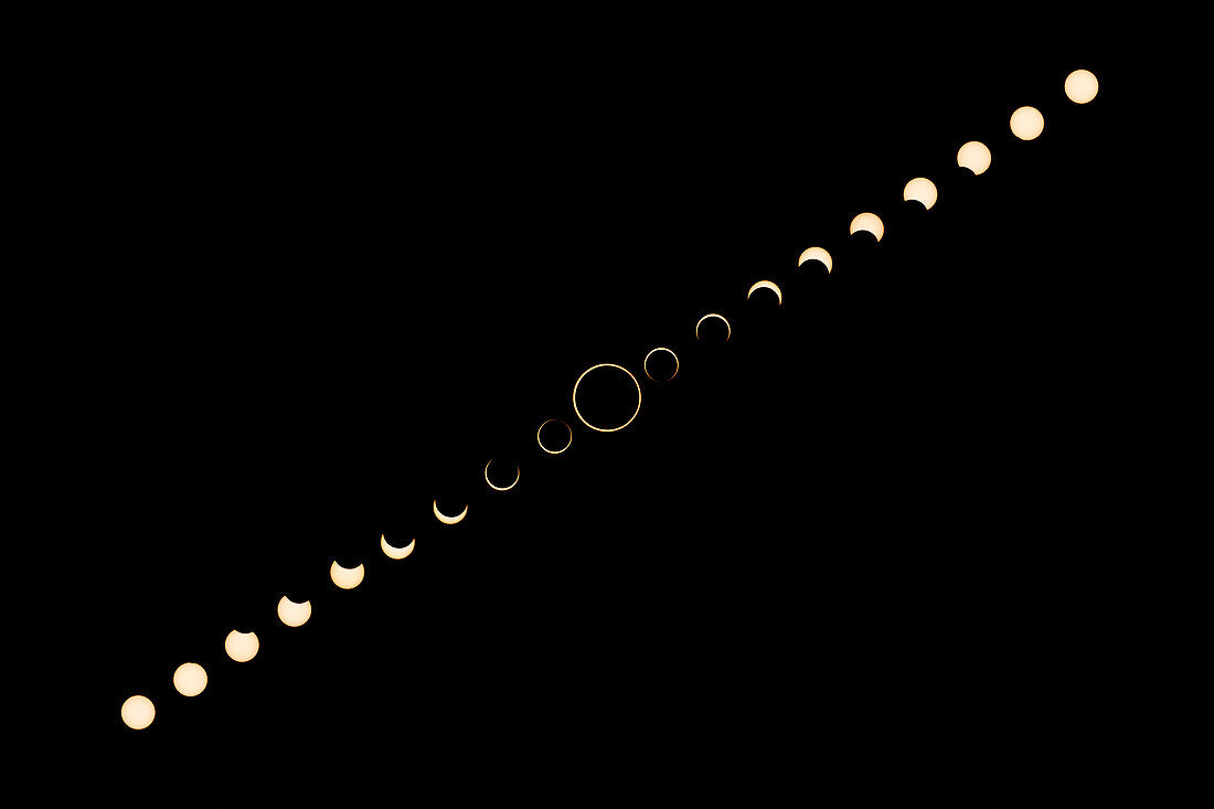 Kompositbild der ringförmigen Sonnenfinsternis am 14. November 2023. Utah, USA. Die Sonne auf dem Höhepunkt der ringförmigen Sonnenfinsternis wurde für den künstlerischen Effekt vergrößert