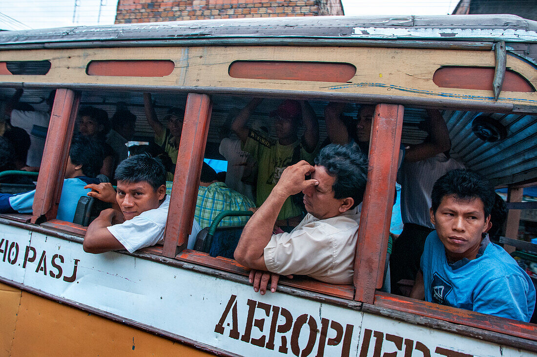 Wooden public bus at Iquitos, Peru, South America.