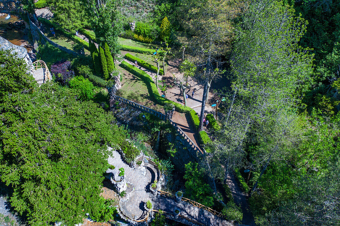 Aerial view of Artigas Gardens or Jardins Artigas designed by Antoni Gaudí. View of the arches bridge in La Pobla de Lillet, Catalonia, Spain.