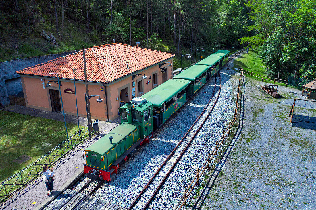 Aeria view of Tren del Ciment, at Clot del Moro station, Castellar de n´hug, Berguedà, Catalonia, Spain.
