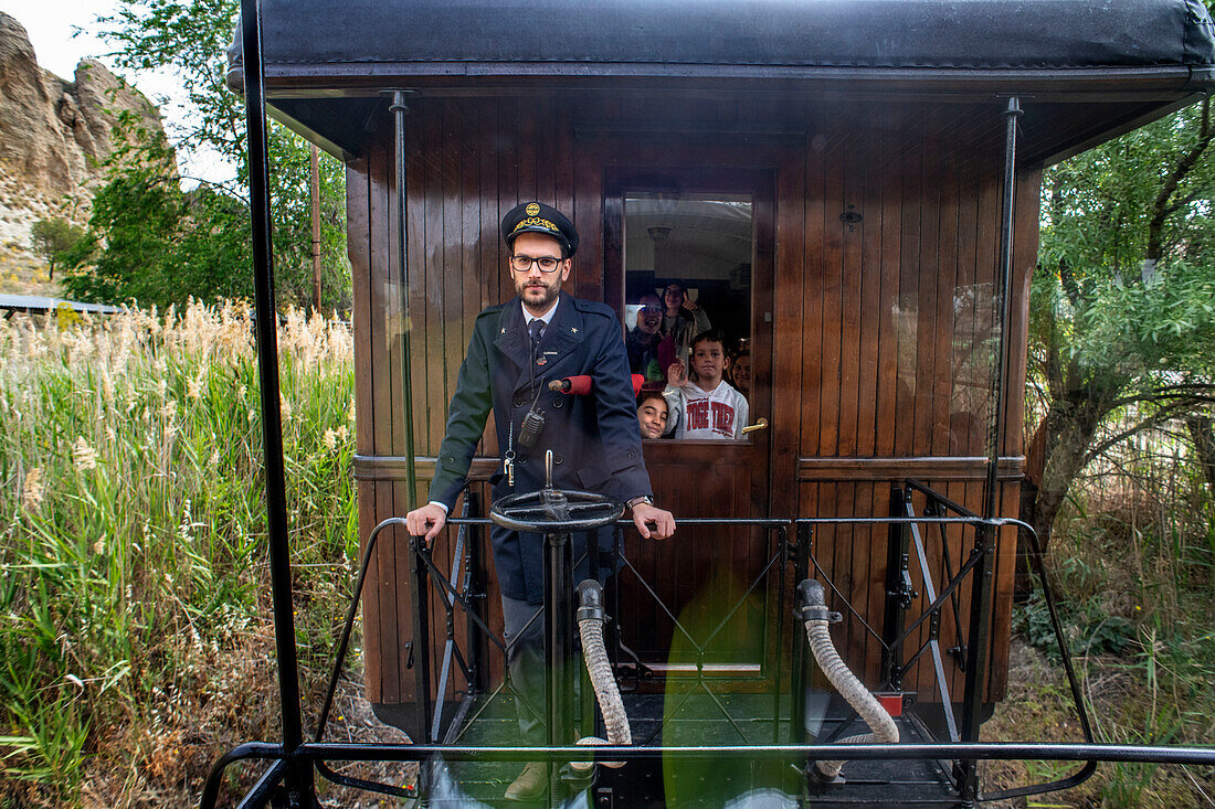 Brakeman in Aliva nº 4 locomotive in the El Tren de Arganda train or Tren de la Poveda train in in Rivas Vaciamadrid, Madrid, Spain