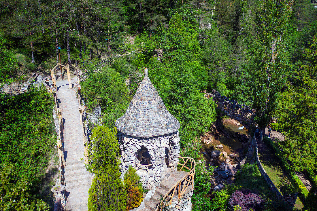 Aerial view of Artigas Gardens or Jardins Artigas designed by Antoni Gaudí. View of the arches bridge in La Pobla de Lillet, Catalonia, Spain.