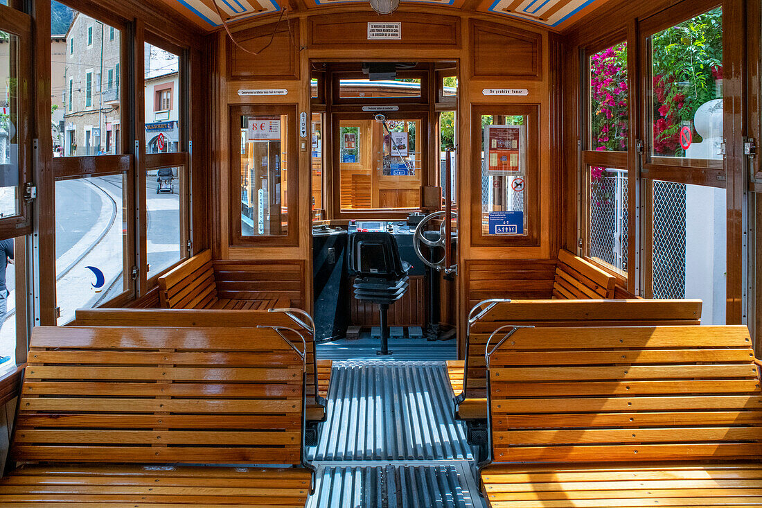 Seats inside of the vintage tram at the Soller village. The tram operates a 5kms service from the railway station in the Soller village to the Puerto de Soller, Soller Majorca, Balearic Islands, Spain, Mediterranean, Europe.