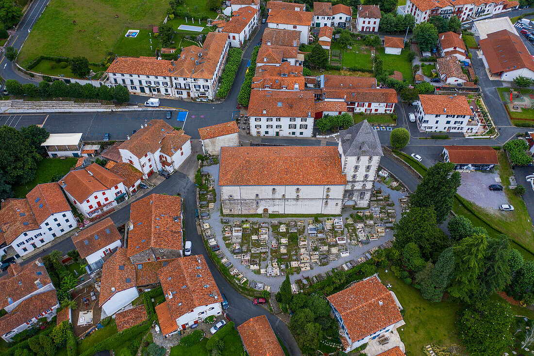 Aerial view of Sare cemetery in France in Basque Country on Spanish-French border hilltop 17th century village in Labourd province