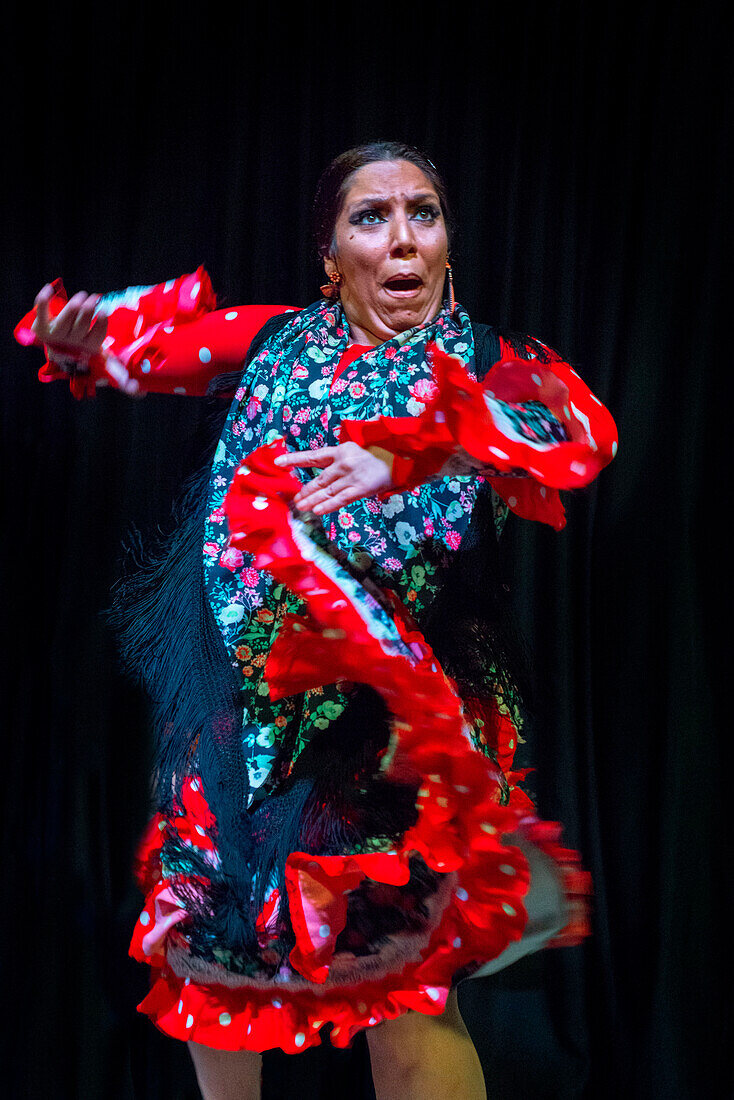 Alborea traditioneller Flamenco-Tablao-Tänzer mit Musik im Stadtzentrum von Granada in Andalusien, Spanien