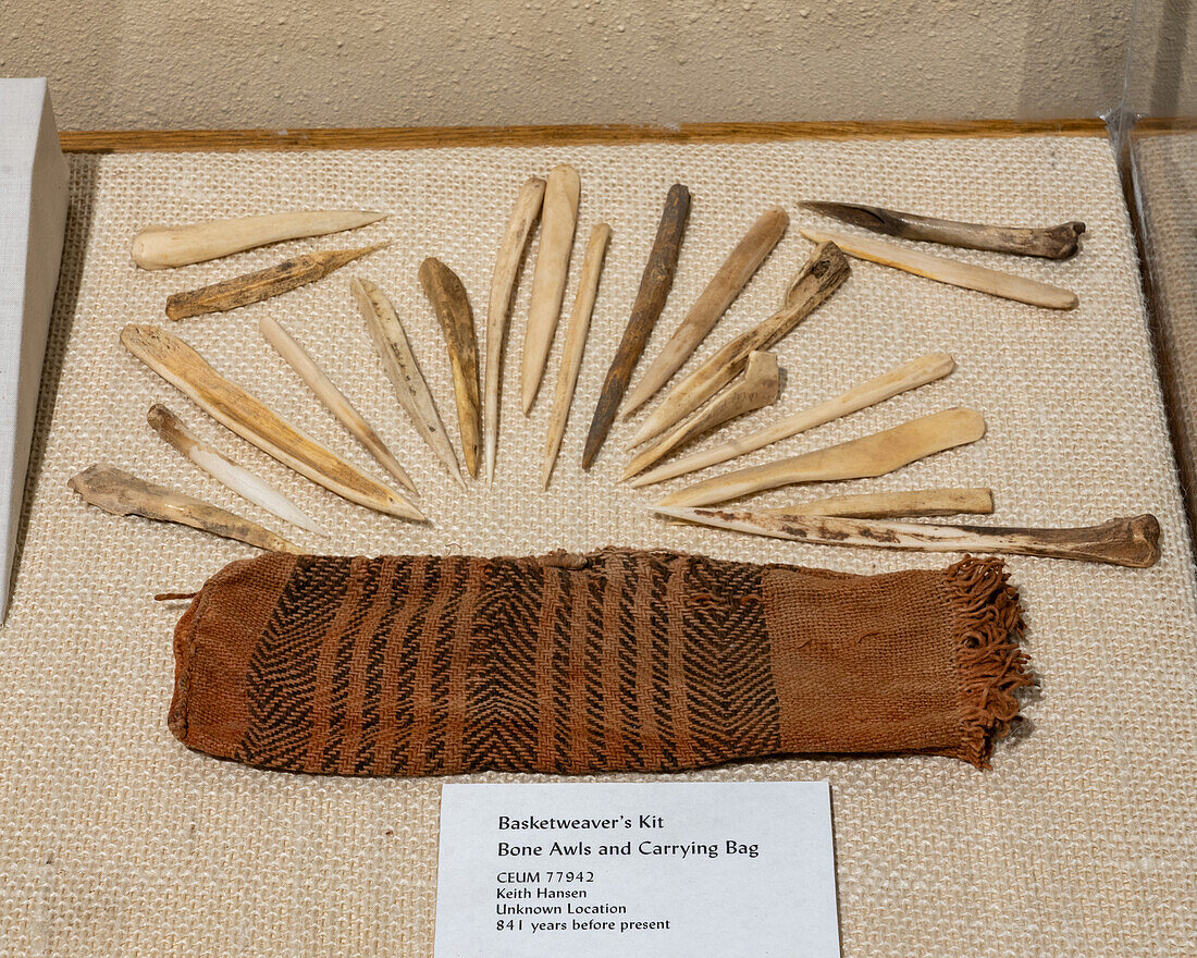 Eine 800 Jahre alte Korbflechterausrüstung der amerikanischen Ureinwohner mit Ahlen aus Knochen im USU Eastern Prehistoric Museum in Price, Utah