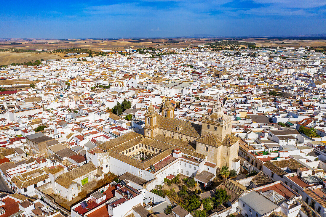 Aerial view of Marchena old town in Seville province Andalusia South of Spain. Iglesia convento mercedario de San Agustin.