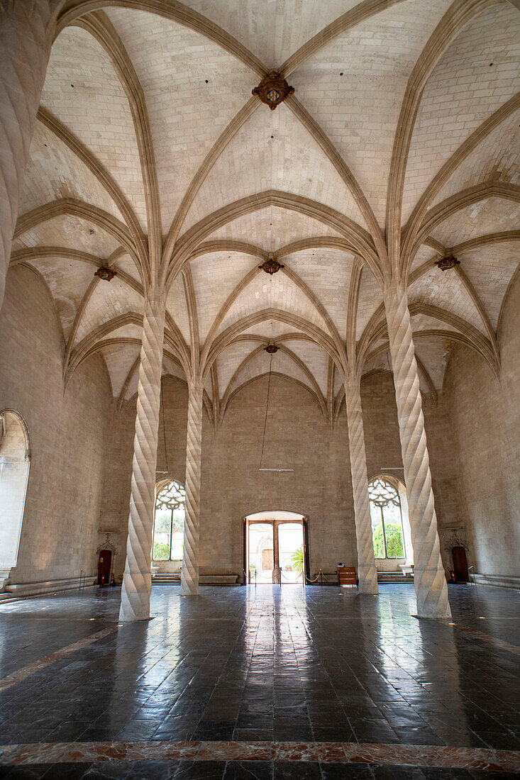 Inside Palma de Mallorca Lonja. Majorca gothic architecture. Main facade of the market of the gothic civil. Balearic islands Spain.