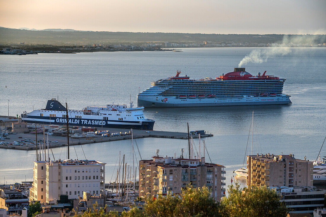 Palma de Mallorca Grimaldi lines and Virgin Voyages cruise ships in the harbour, Majorca Balearic island, Spain.