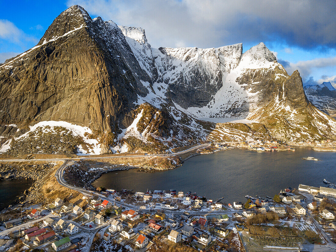 Aerial view of the road to Reine, Moskenes, Moskenesøya Island, Lofoten Islands, Norway