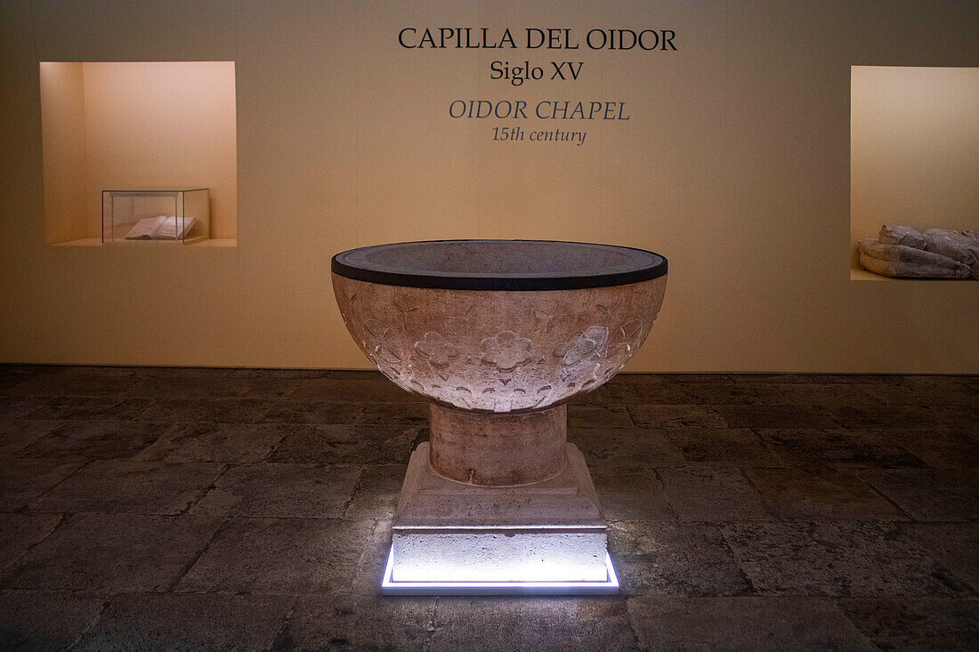 Baptismal font of Cervantes in Capilla del Oidor Chapel in Alcala de Henares Madrid province Spain.