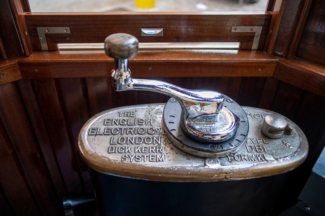 Controls of the vintage tram in Soller village. The tram operates a 5kms service from the railway station in the Soller village to the Puerto de Soller, Soller Majorca, Balearic Islands, Spain, Mediterranean, Europe.