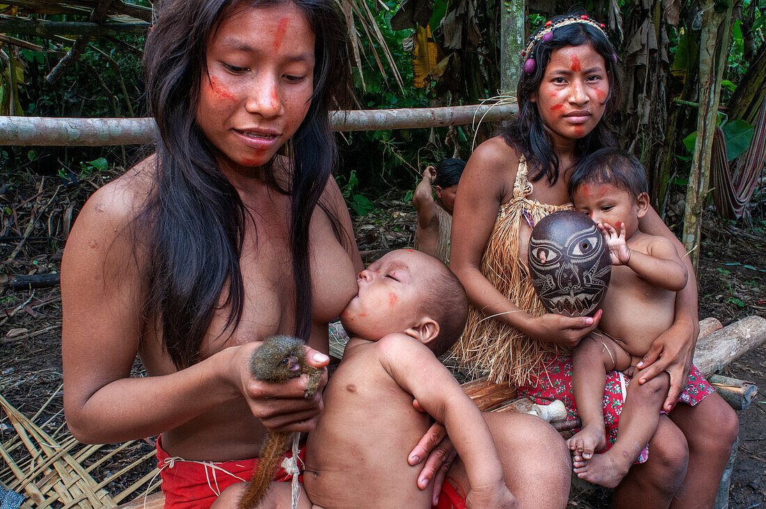 Frauen stillen ihr Baby Yagua-Indianerinnen leben ein traditionelles Leben in der Nähe der Amazonasstadt Iquitos, Peru