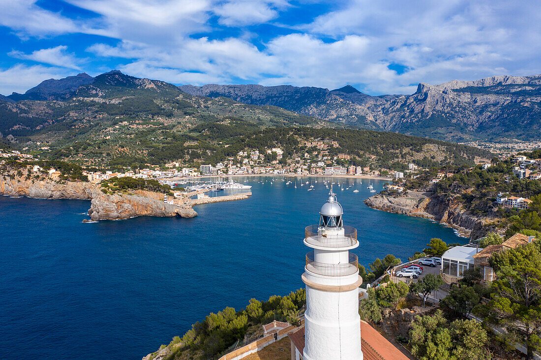 Aerial view of Faro del Cap Gros Lighthouse, Port de Soller, Mallorca, Balearic Islands, Spain, Europe.