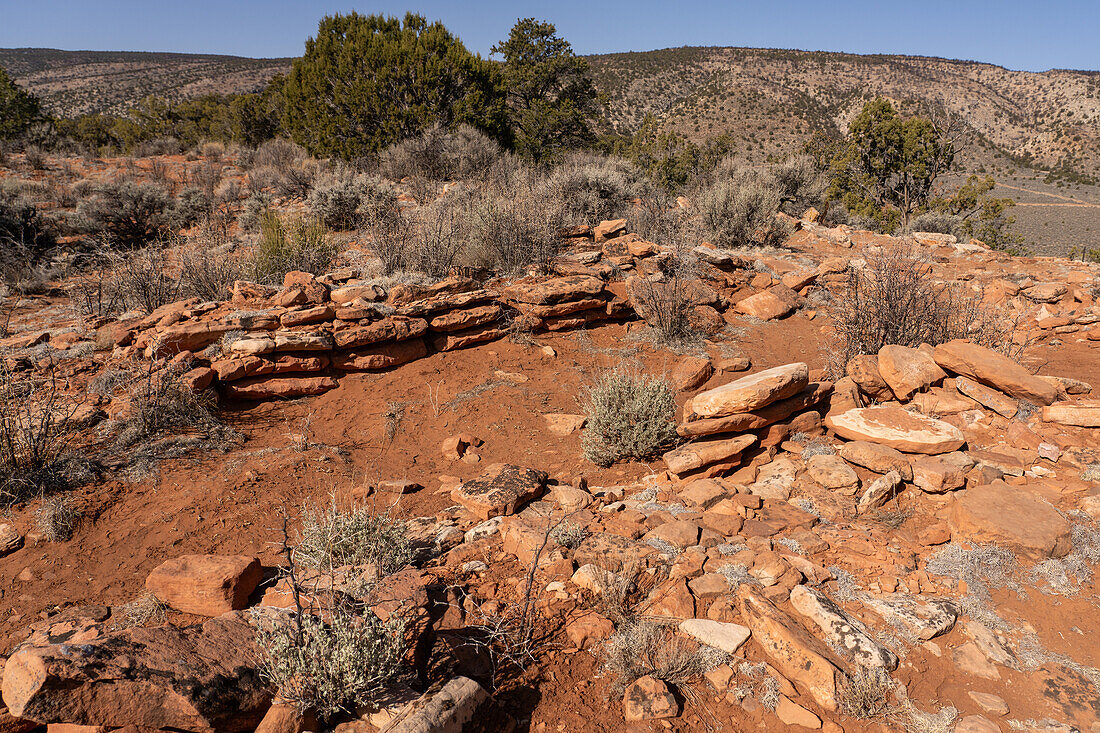 Ruins at the West Bench Pueblo site, a pre-Hispanic Native American pueblo in the Vermilion Cliffs National Monument in Arizona.
