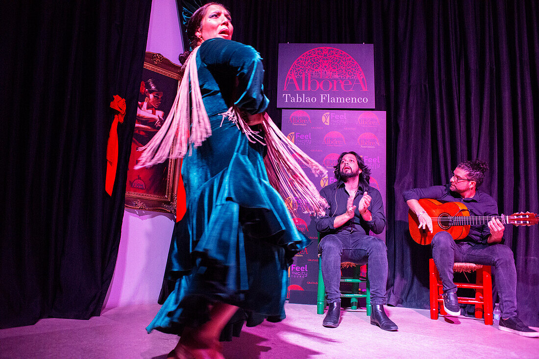 Alborea traditional flamenco tablao dancer with musioc in the city center of Granada Andalusia Spain.