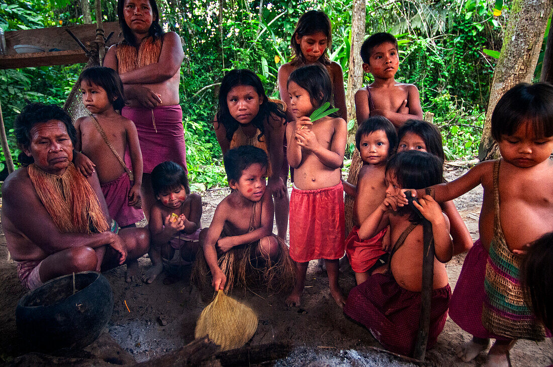 Kochende Yagua-Indianer, die in der Nähe der amazonischen Stadt Iquitos, Peru, ein traditionelles Leben führen