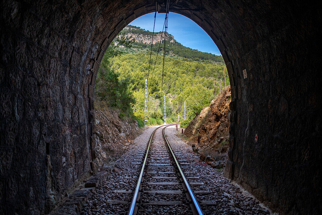 Tunnel in the line of tren de Soller train vintage historic train that connects Palma de Mallorca to Soller, Majorca, Balearic Islands, Spain, Mediterranean, Europe.