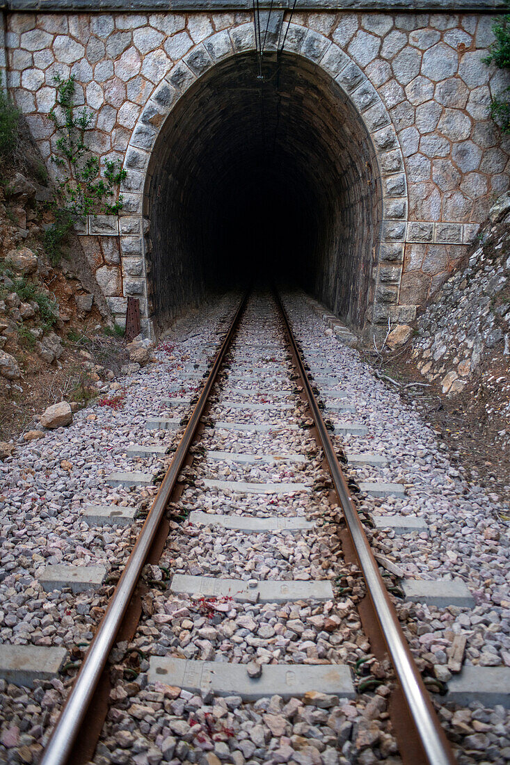 Tunnel in the line of tren de Soller train vintage historic train that connects Palma de Mallorca to Soller, Majorca, Balearic Islands, Spain, Mediterranean, Europe.