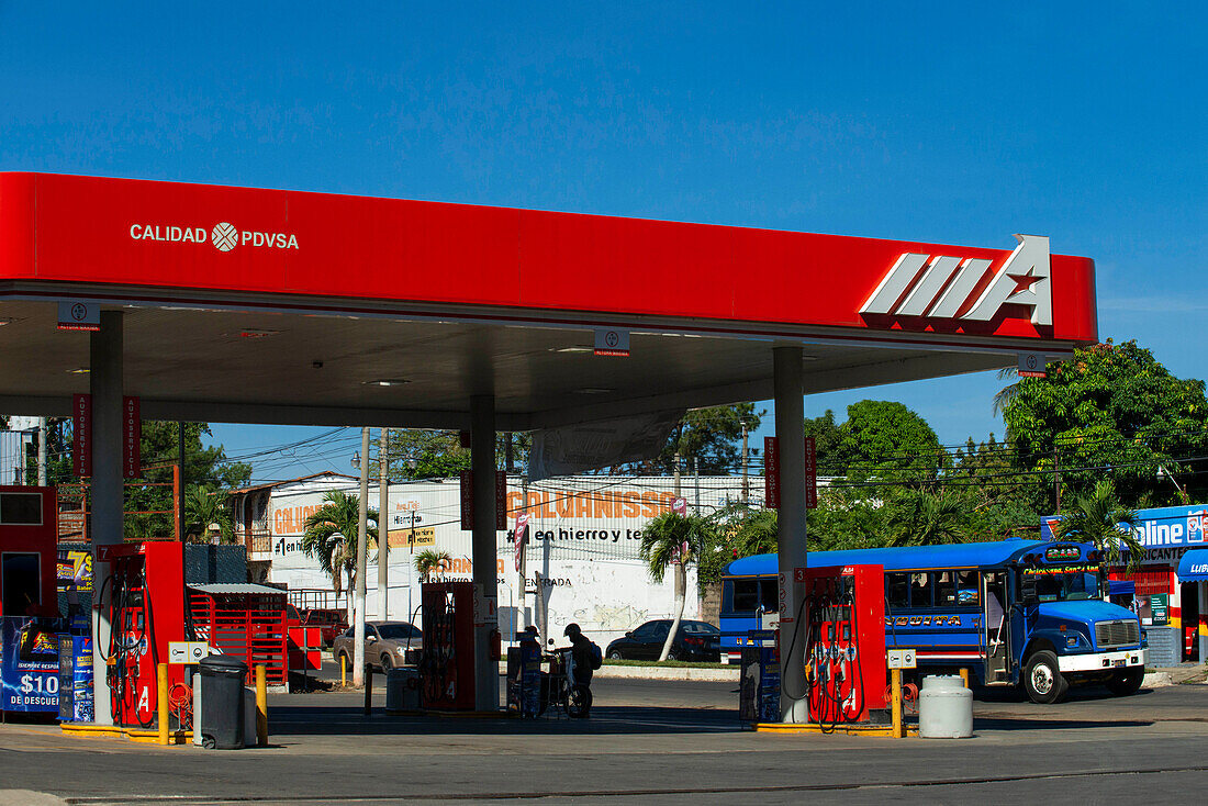 Petrol station in Chalchuapa El Salvador Central America. Petrol service station PDVSA oil station from Venezuela. Petróleos de Venezuela Sociedad Anónima, PDVSA