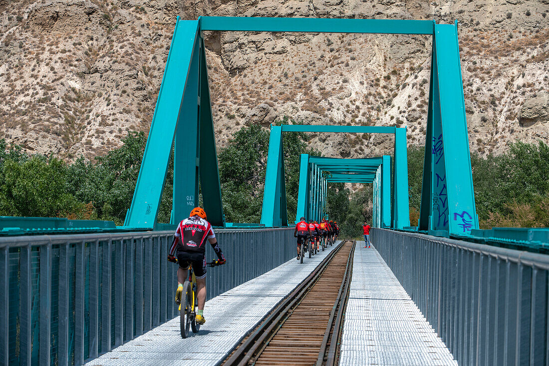 Laguna del Campillo, Puente Verde, in Rivas Vaciamadrid. El Tren de Arganda train or Tren de la Poveda train in Rivas Vaciamadrid, Madrid, Spain