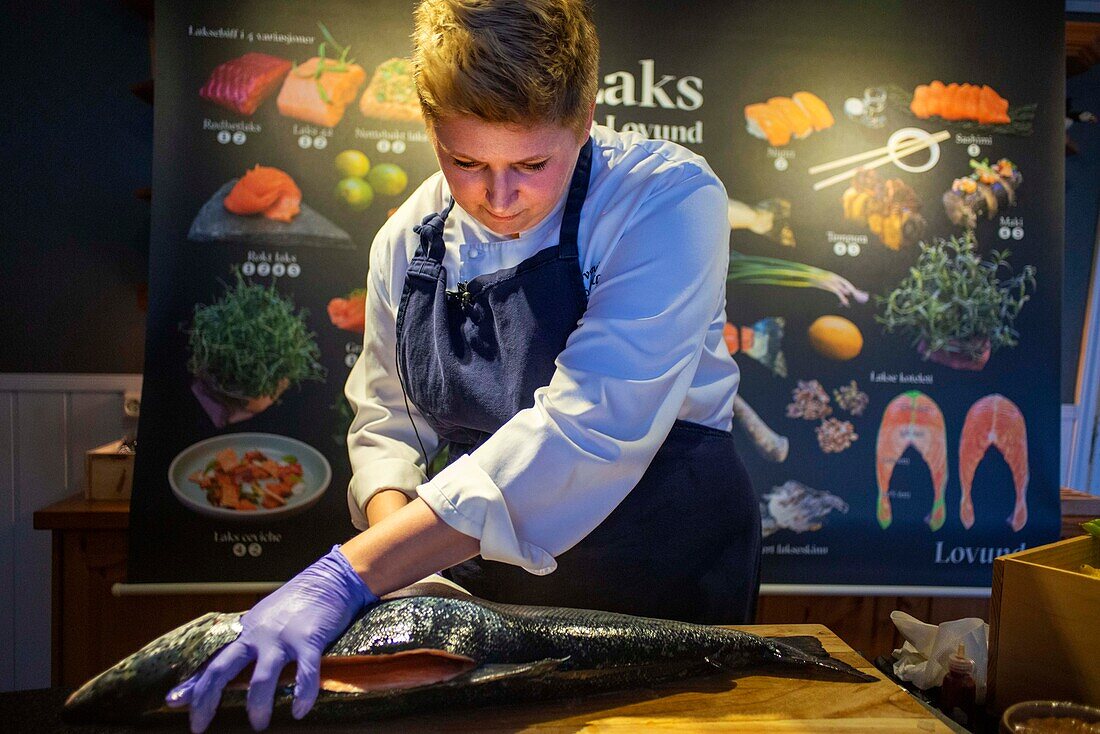 Traditional salmon making in Maaken restaurant. Lovund island, Nortern Norway.