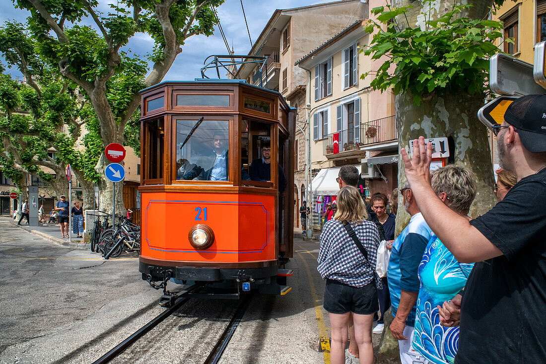 Soller village center. Vintage tram at the Soller village. The tram operates a 5kms service from the railway station in the Soller village to the Puerto de Soller, Soller Majorca, Balearic Islands, Spain, Mediterranean, Europe.