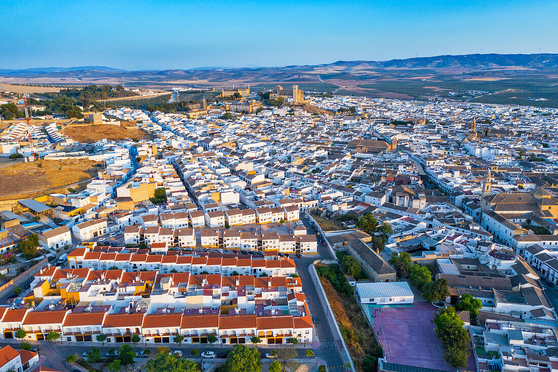 Luftaufnahme der Altstadt von Osuna, der Universitätsschule und des Kollegs Santa Maria von Osuna, Sevilla Andalusien, Spanien